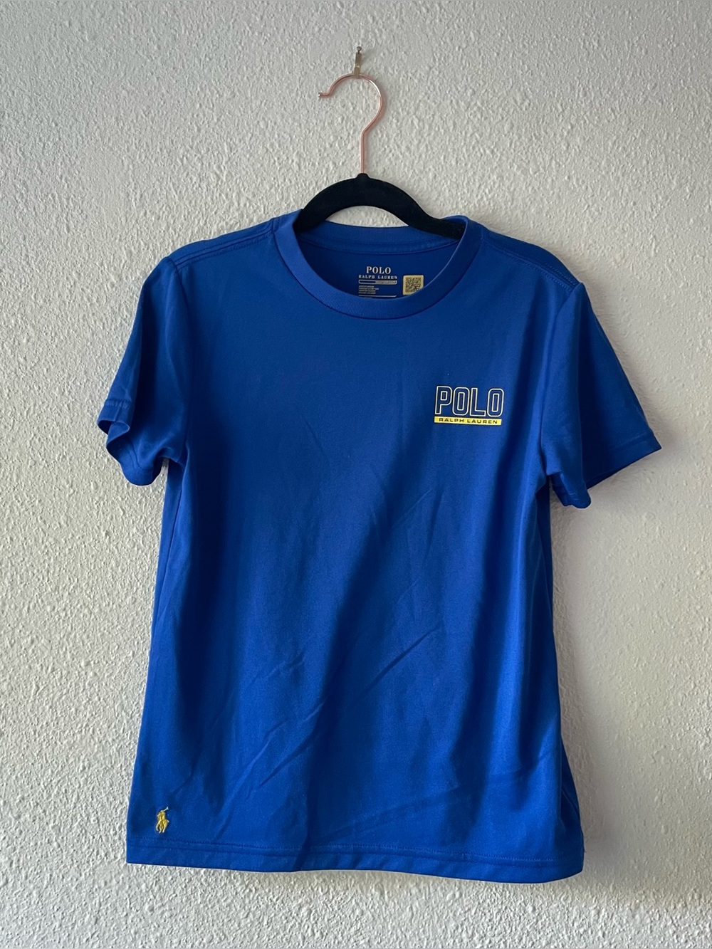 Polo Ralph Lauren Boys Size 7 Performance T-Shirt Blue Yellow Logo Graphic